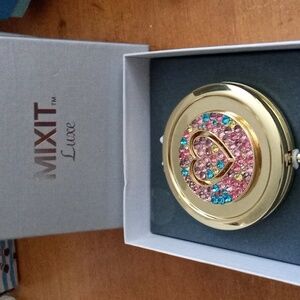 Mixit Luxe Compact Double Mirror Gold Tone Crystal Heart